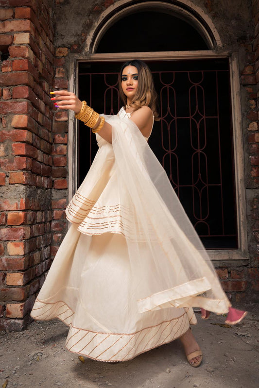 taaj-off-white-short-a-line-kurta-palazzo-set-11403065WH, Women Indian Ethnic Clothing, Cotton Silk Kurta Set Dupatta
