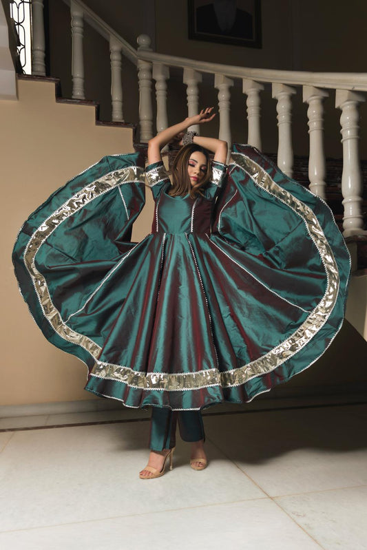 taffeta-silk-green-anarkali-11403050GR, Women Indian Ethnic Clothing, Cotton Silk Kurta Set Dupatta