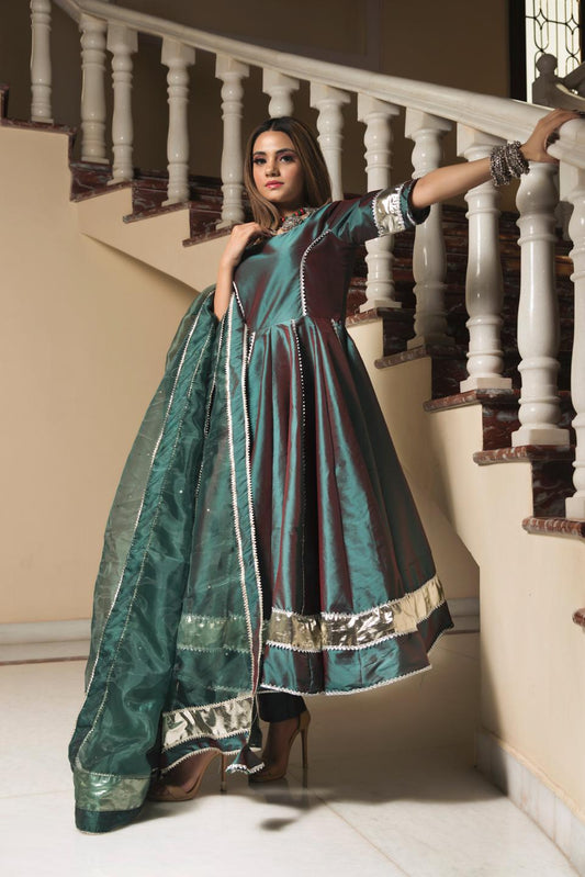 taffeta-silk-green-anarkali-11403050GR, Women Indian Ethnic Clothing, Cotton Silk Kurta Set Dupatta