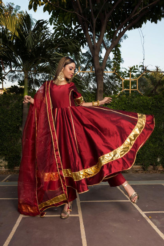 taffeta-silk-maroon-anarkali-11403049MR, Women Indian Ethnic Clothing, Silk Kurta Set Dupatta