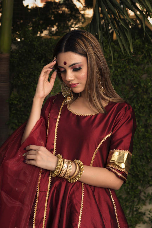 taffeta-silk-maroon-anarkali-11403049MR, Women Indian Ethnic Clothing, Silk Kurta Set Dupatta