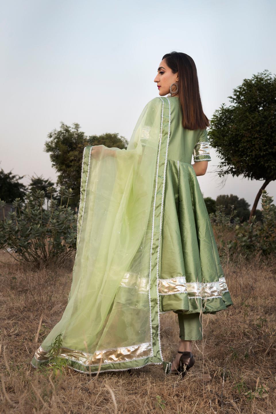 taffeta-silk-mint-green-anarkali-11403055GR, Women Indian Ethnic Clothing, Silk Kurta Set Dupatta