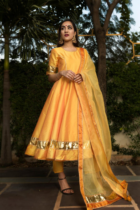 taffeta-silk-yellow-anarkali-11403054YL, Women Indian Ethnic Clothing, Cotton Silk Kurta Set Dupatta