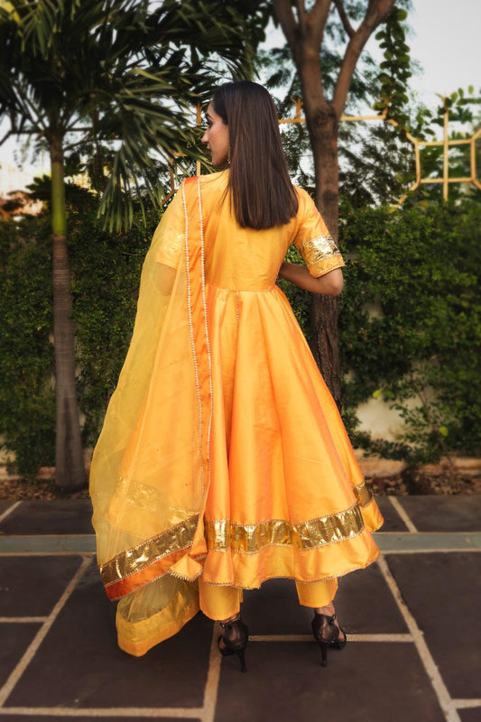 taffeta-silk-yellow-anarkali-11403054YL, Women Indian Ethnic Clothing, Cotton Silk Kurta Set Dupatta