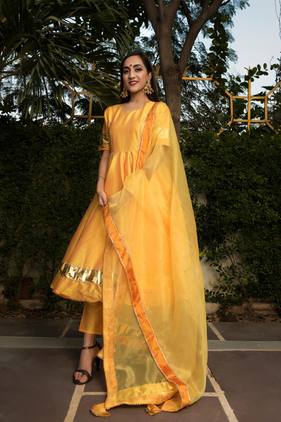 taffeta-silk-yellow-anarkali-11403054YL, Women Indian Ethnic Clothing, Cotton Silk Kurta Set Dupatta