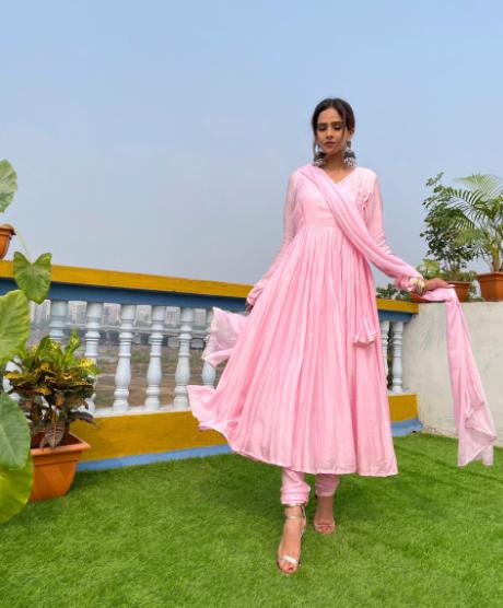 taffy-pink-angrakha-anarkali-suit-11603044PK, Women Indian Ethnic Clothing, Muslin Silk Kurta Set Dupatta