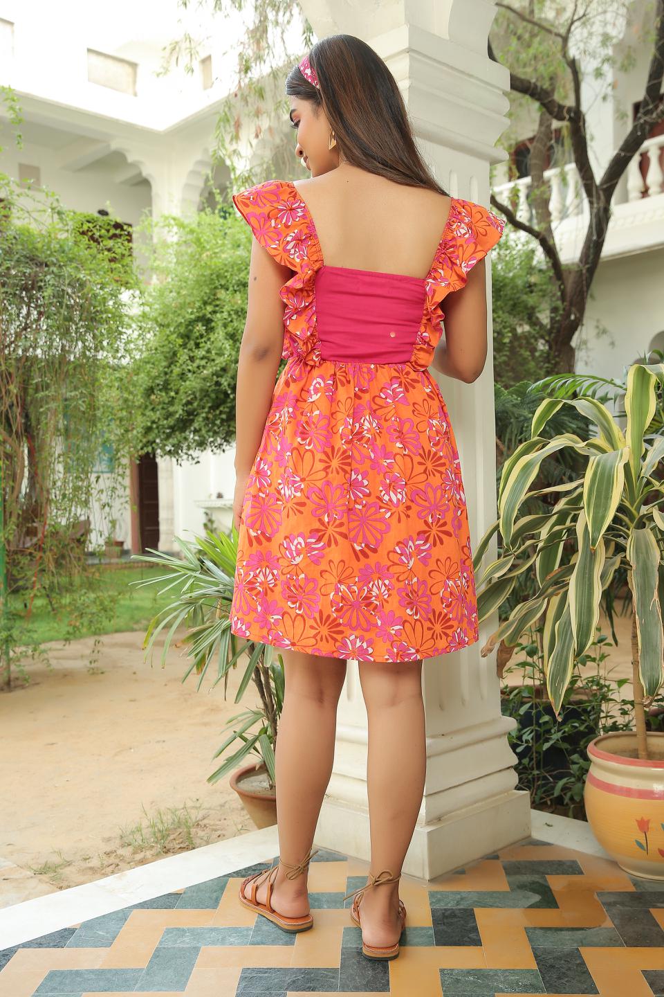 tan-orange-floral-print-dress-with-ruffled-sleeves-11704005OR, Women Clothing, Cotton Dress