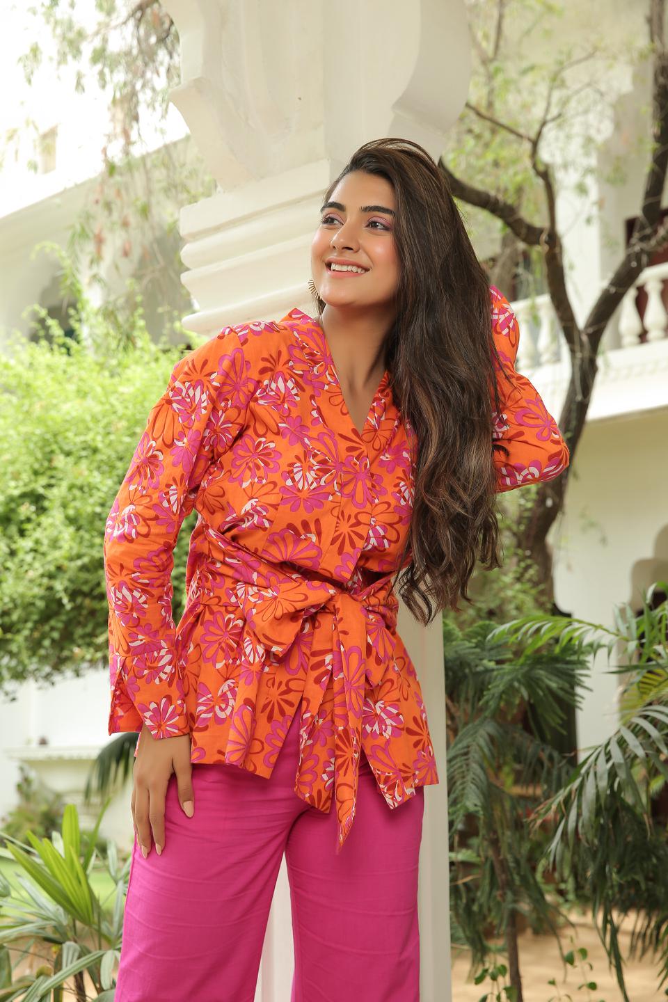 tan-orange-printed-floral-blazer-with-flared-pants-11740017OR, Women Clothing, Cotton Matching Set