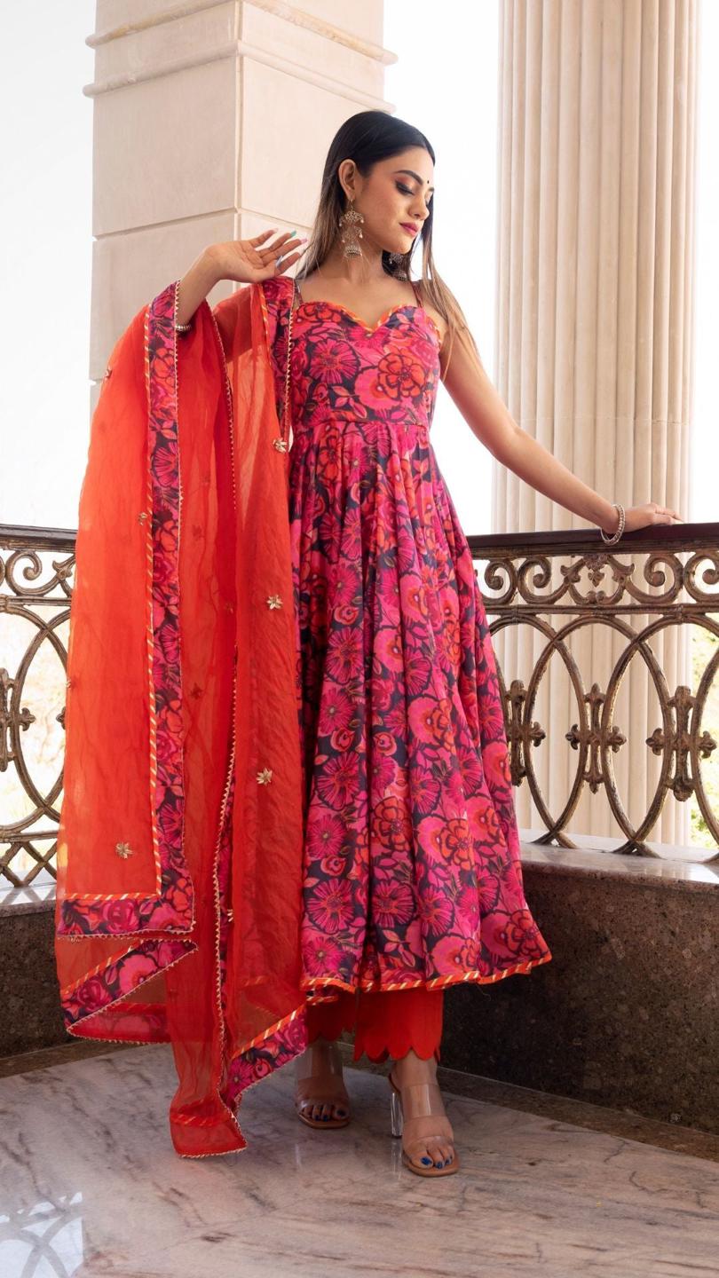 tara-orange-printed-anarkali-set-11403073OR, Women Indian Ethnic Clothing, Chiffon Kurta Set Dupatta