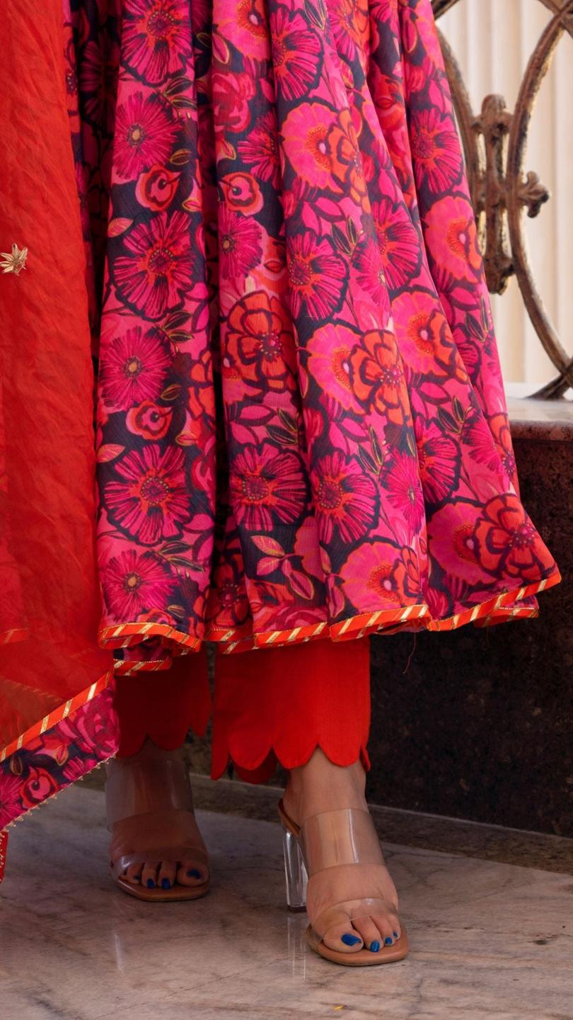 tara-orange-printed-anarkali-set-11403073OR, Women Indian Ethnic Clothing, Chiffon Kurta Set Dupatta