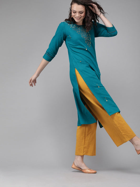 teal-blue-embroidered-straight-kurta-10101010BL, Women Indian Ethnic Clothing, Cotton Kurta
