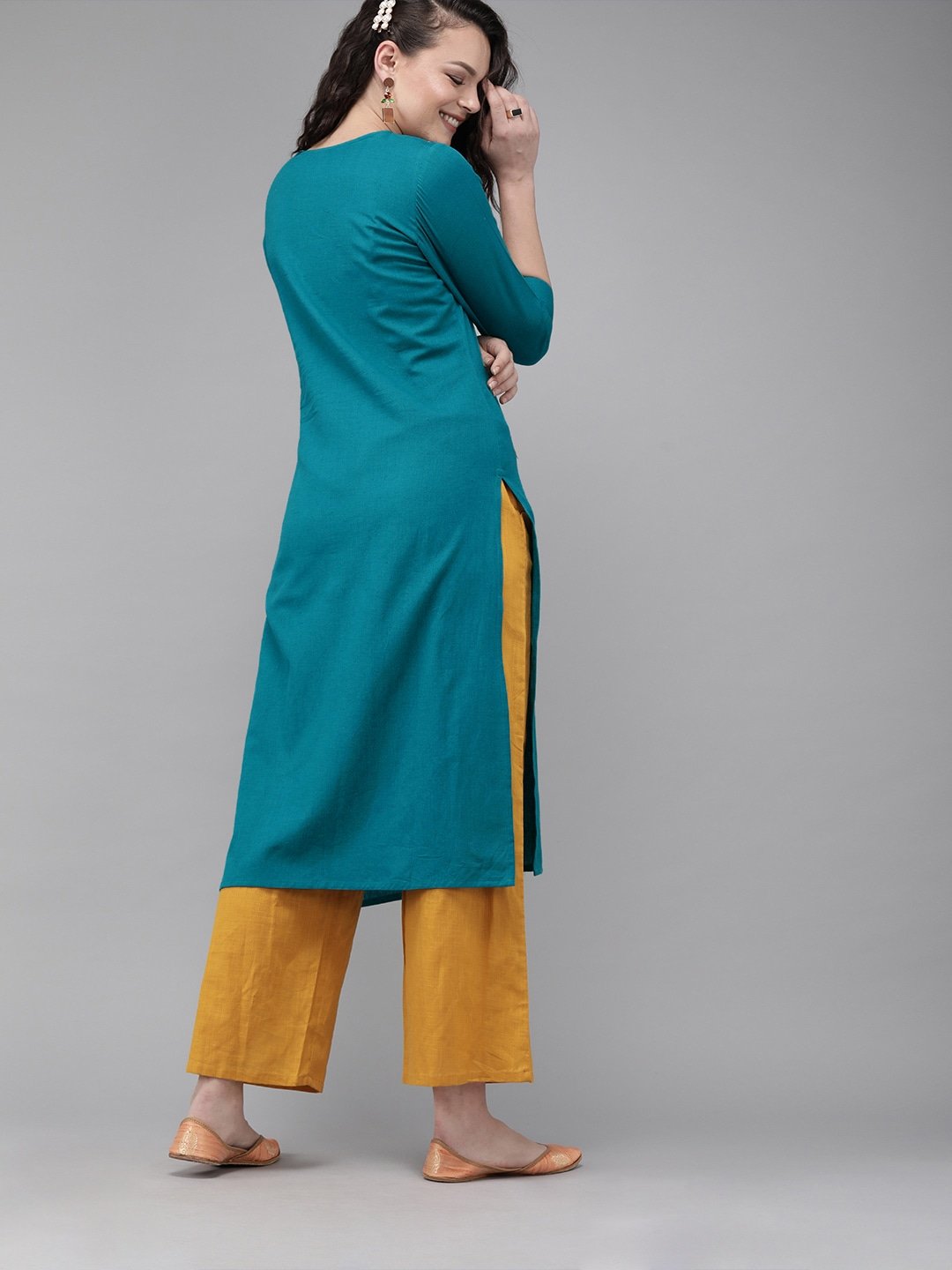 teal-blue-embroidered-straight-kurta-10101010BL, Women Indian Ethnic Clothing, Cotton Kurta