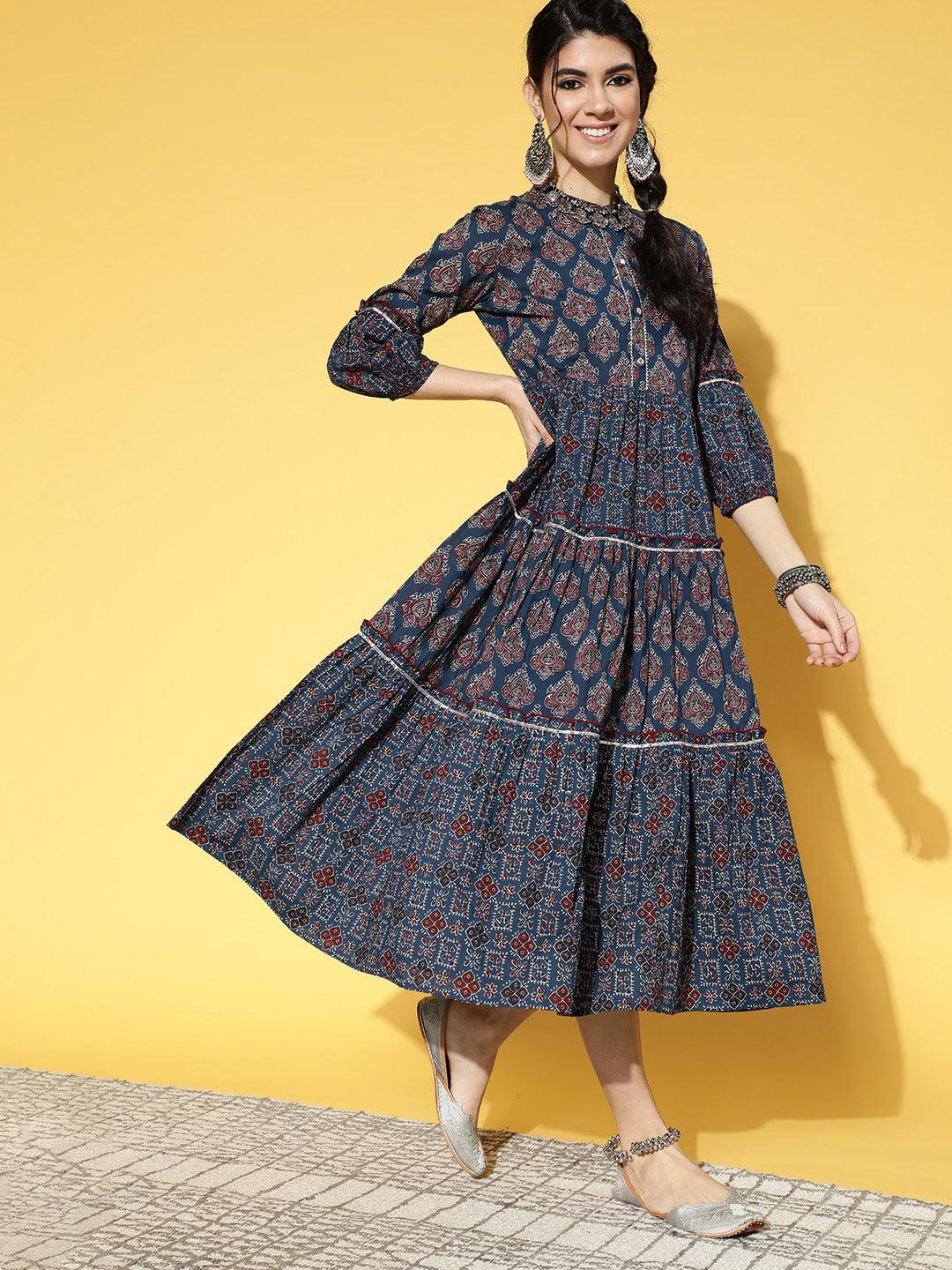 teal-blue-maroon-printed-dress-10104085BL, Women Clothing, Cotton Dress