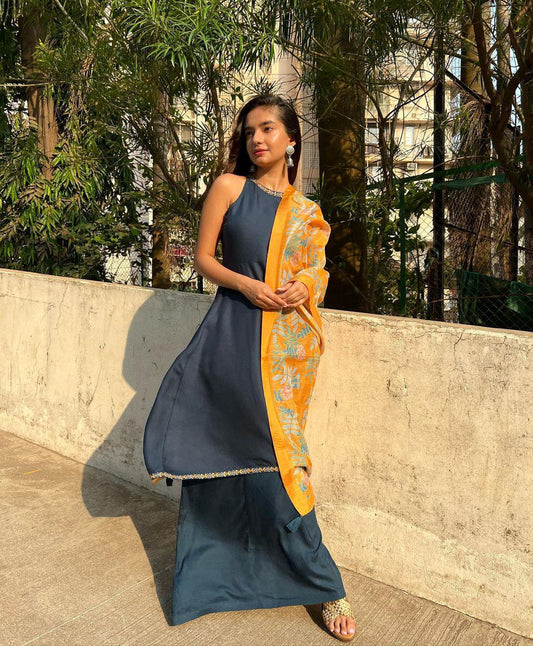 teal-blue-orange-sharara-set-10103118BL, Women Indian Ethnic Clothing, Rayon Kurta Set Dupatta