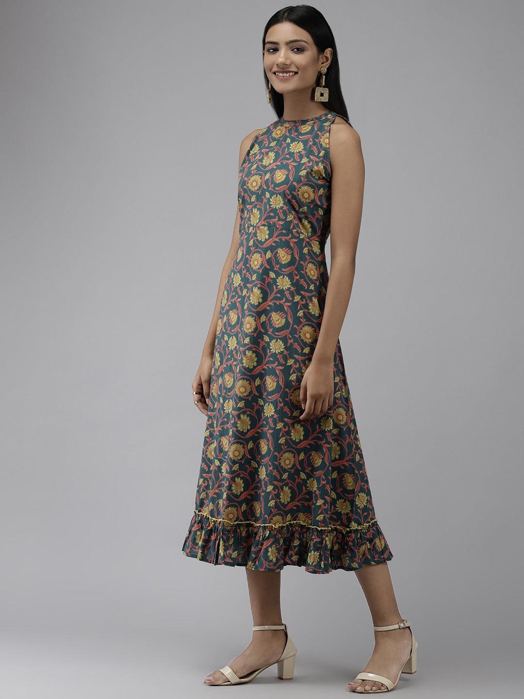teal-floral-dress-10104019BL, Women Clothing, Cotton Dress