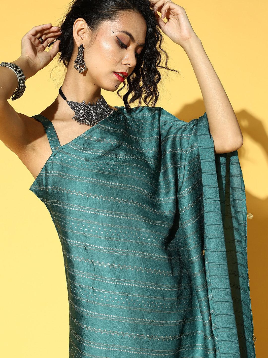 teal-green-golden-striped-co-ords-10140182GR, Women Indian Ethnic Clothing, Silk Blend Co-Ords