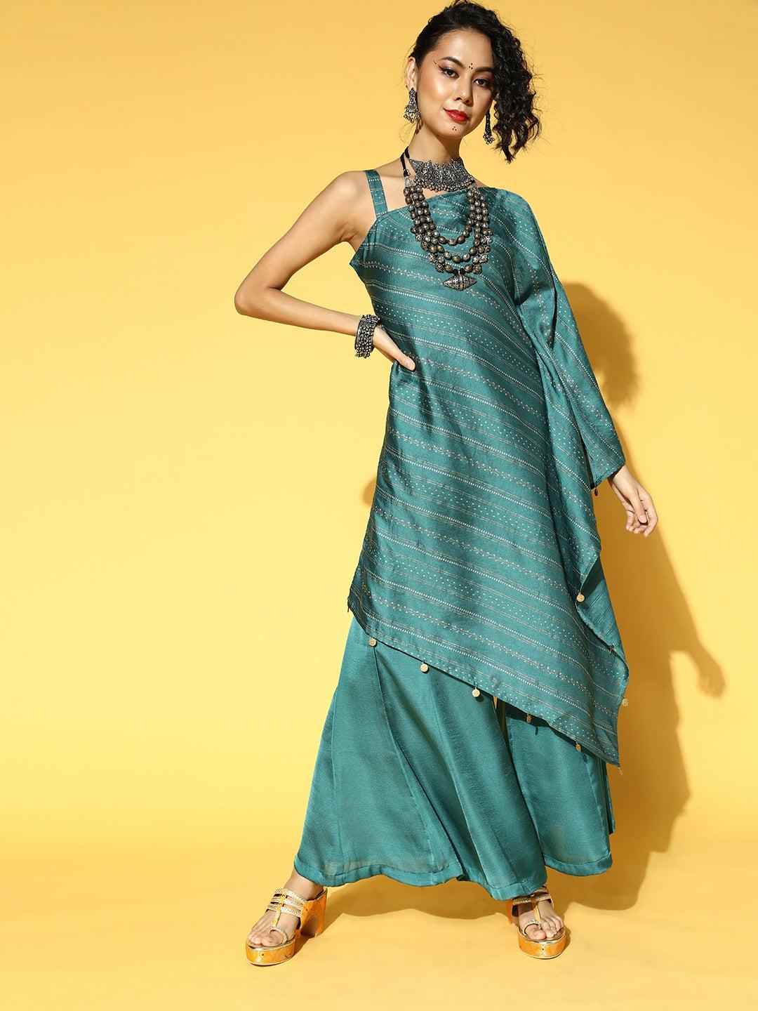 teal-green-golden-striped-co-ords-10140182GR, Women Indian Ethnic Clothing, Silk Blend Co-Ords
