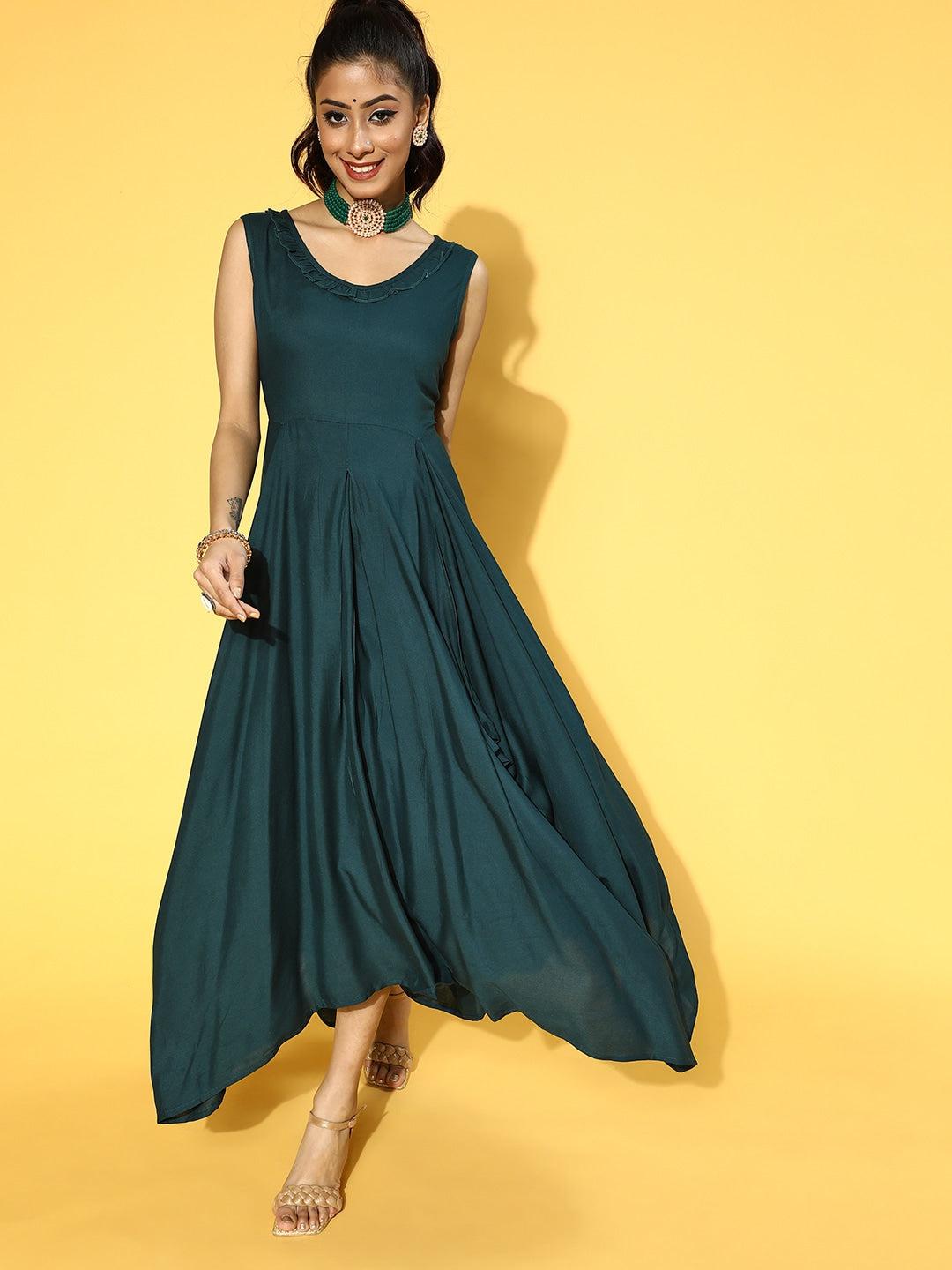 teal-green-solid-maxi-dress-10104073GR, Women Clothing, Rayon Dress
