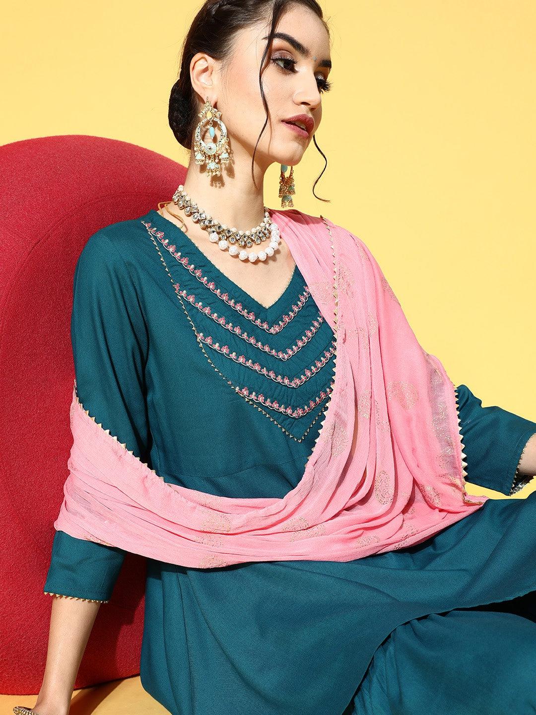 teal-yoke-design-sharara-set-10103119BL, Women Indian Ethnic Clothing, Rayon Kurta Set Dupatta