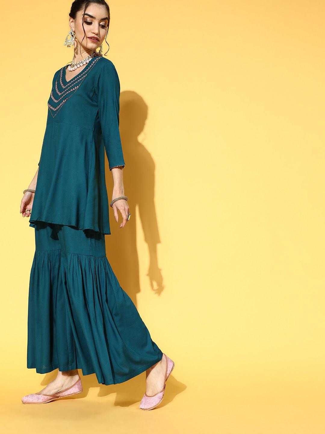 teal-yoke-design-sharara-set-10103119BL, Women Indian Ethnic Clothing, Rayon Kurta Set Dupatta