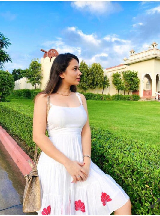 three-tier-applique-dress-11604036WH, Women Clothing, Silk Dress