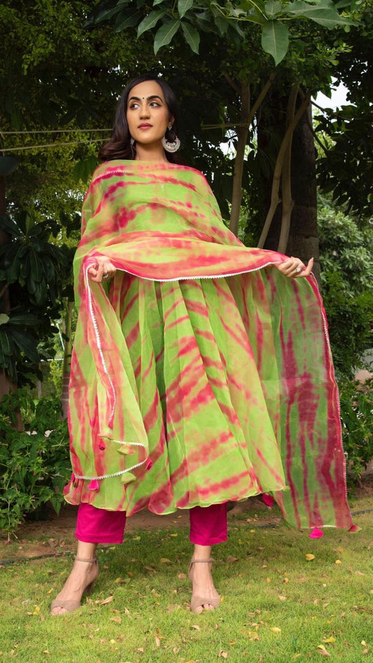 tie-and-dye-green-organza-anrkali-set-11403071GR, Women Indian Ethnic Clothing, Cotton Kurta Set Dupatta
