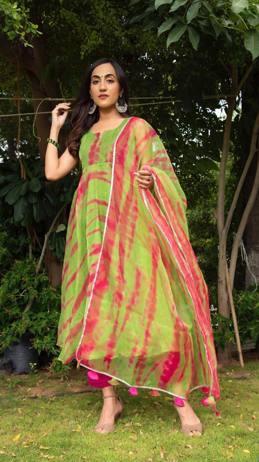 tie-and-dye-green-organza-anrkali-set-11403071GR, Women Indian Ethnic Clothing, Cotton Kurta Set Dupatta