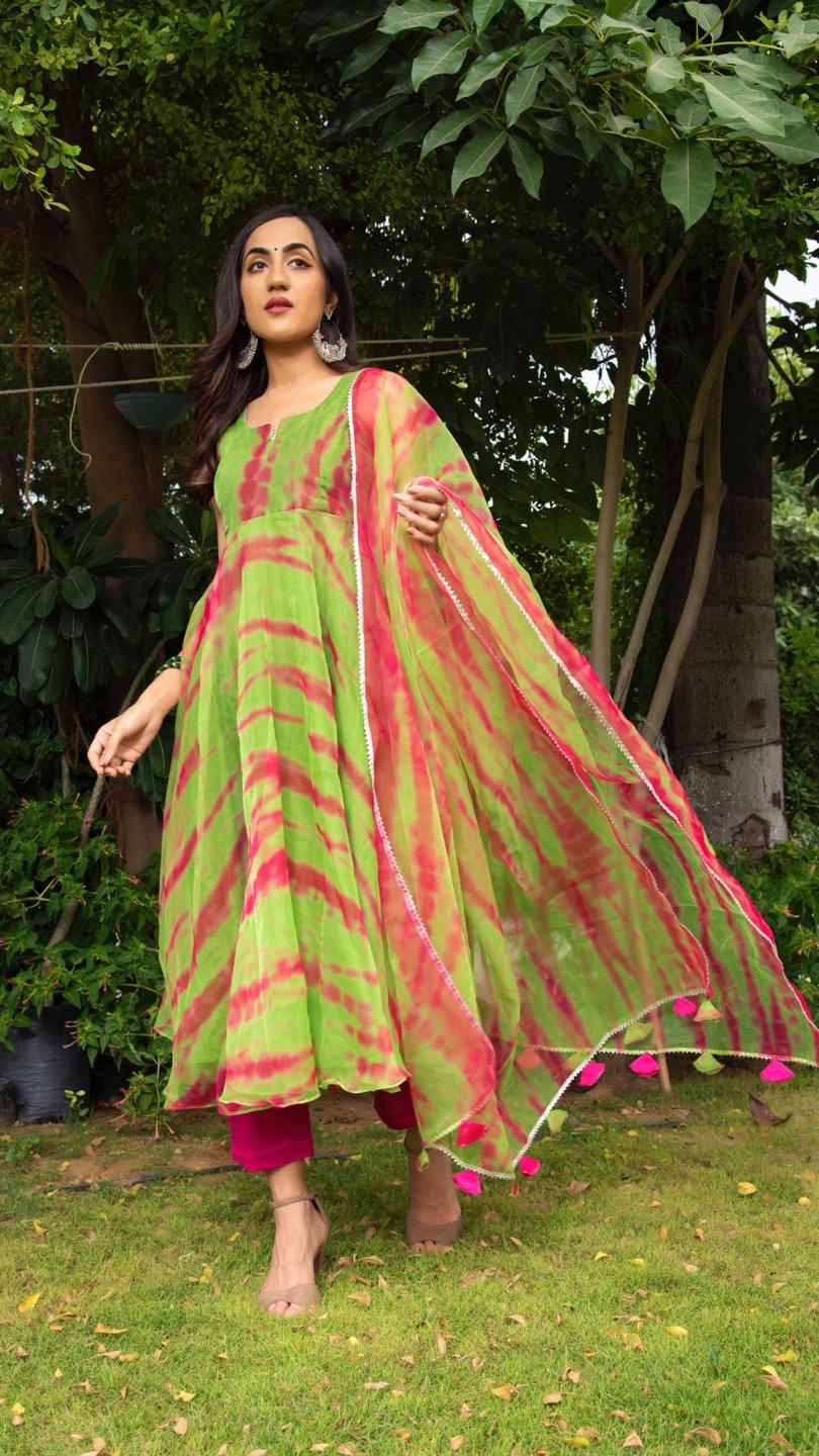 tie-and-dye-green-organza-anrkali-set-11403071GR, Women Indian Ethnic Clothing, Cotton Kurta Set Dupatta