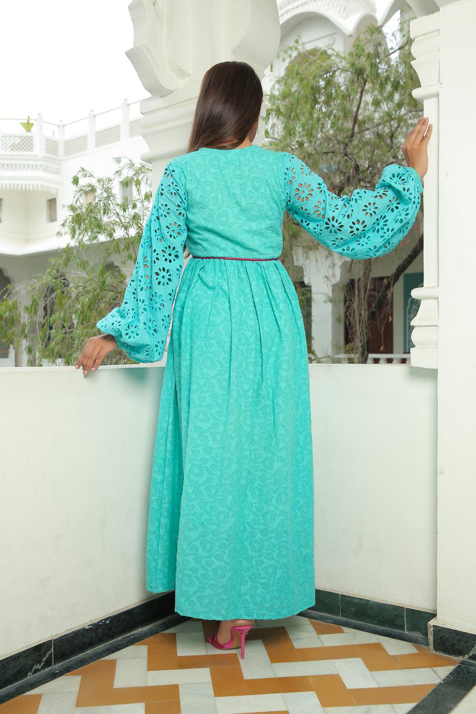 tropical-blue-schiffli-dress-with-hot-pink-braided-belt-11704058BL, Women Clothing, Cotton Dress