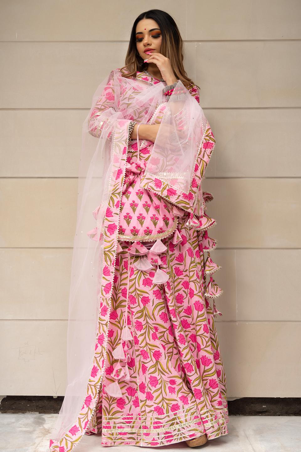 tulsi-pink-cotton-hand-block-skirt-set-11403066PK, Women Indian Ethnic Clothing, Cotton Kurta Set Dupatta
