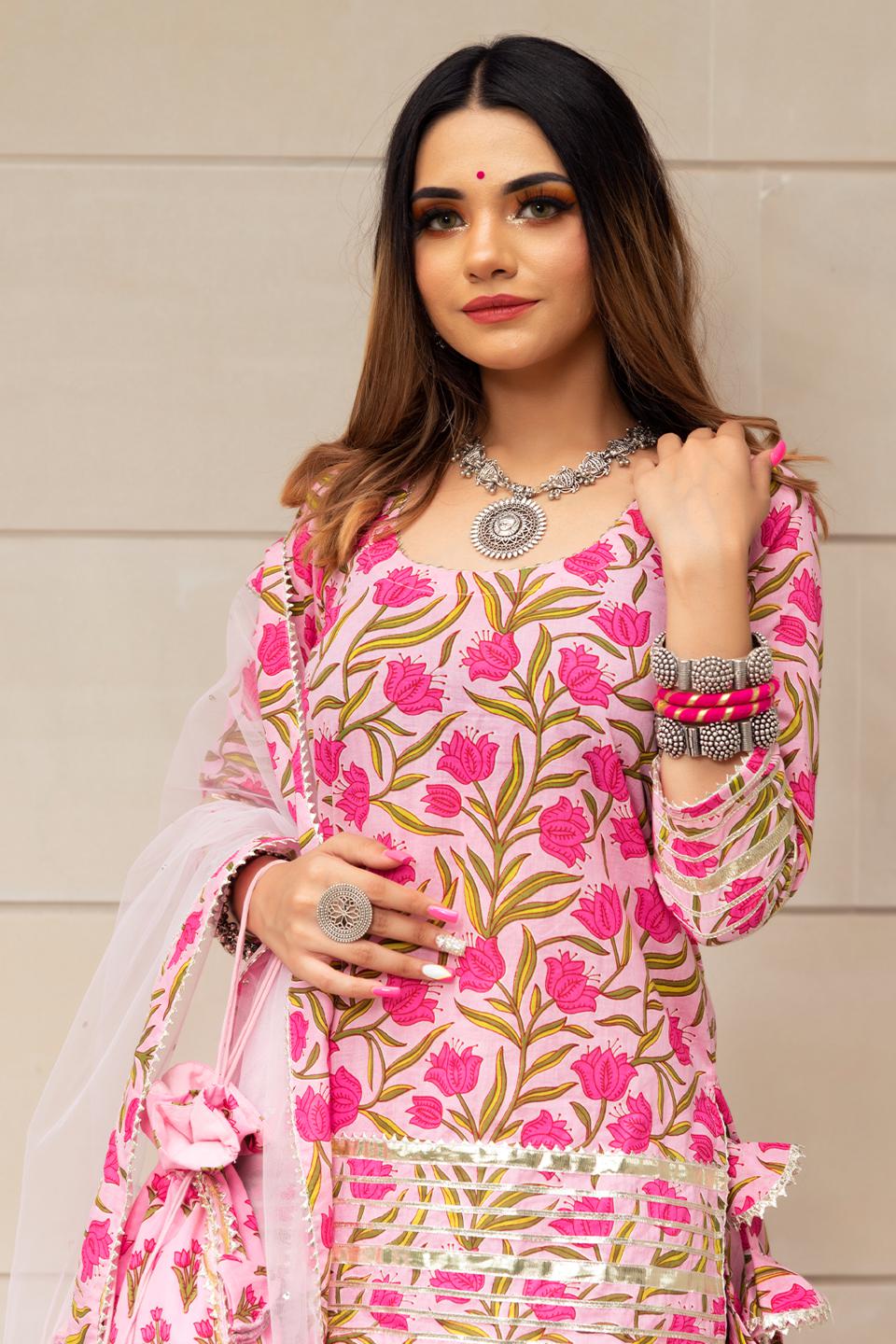 tulsi-pink-cotton-hand-block-skirt-set-11403066PK, Women Indian Ethnic Clothing, Cotton Kurta Set Dupatta