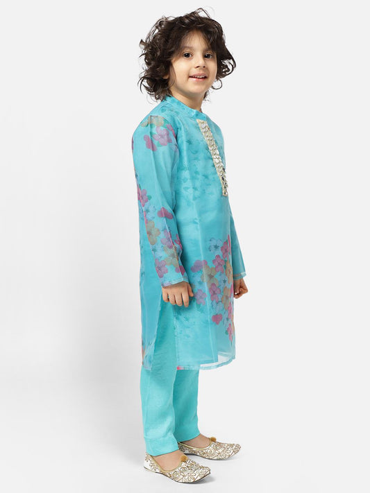 turquoise-green-full-sleeve-kurta-pajama-set-10520068GR, Indian Kids Clothing, Organza Boy Kurta Pajama Set