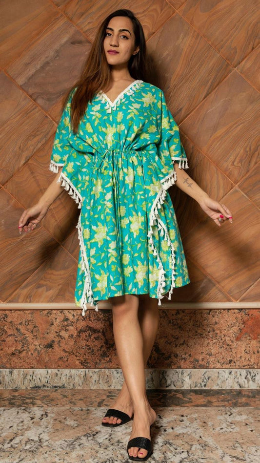 water-lily-hand-block-cotton-caftan-dress-11421074GR, Women Clothing, Cotton Caftan