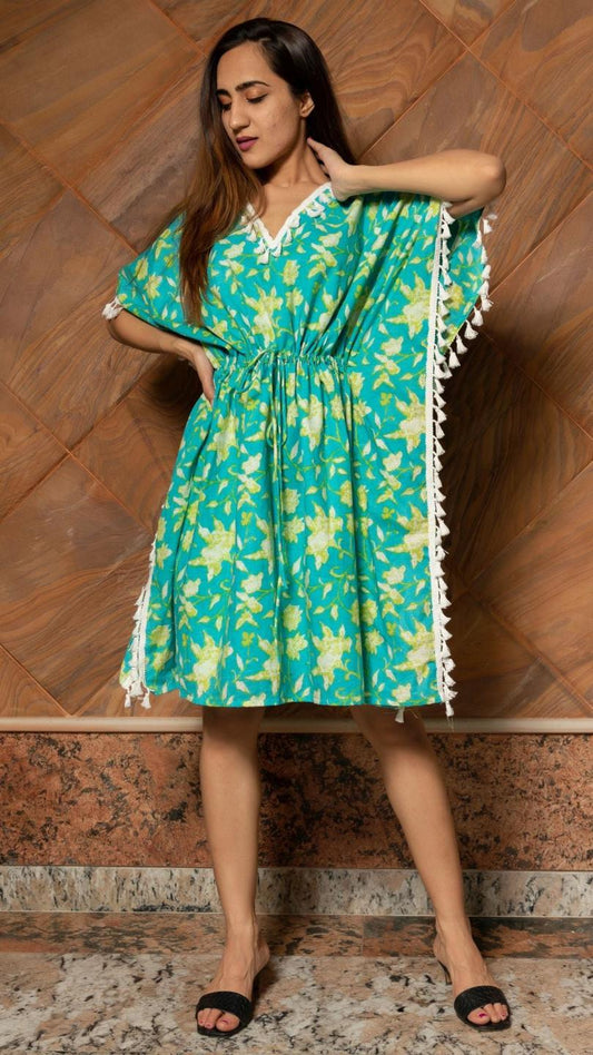 water-lily-hand-block-cotton-caftan-dress-11421074GR, Women Clothing, Cotton Caftan