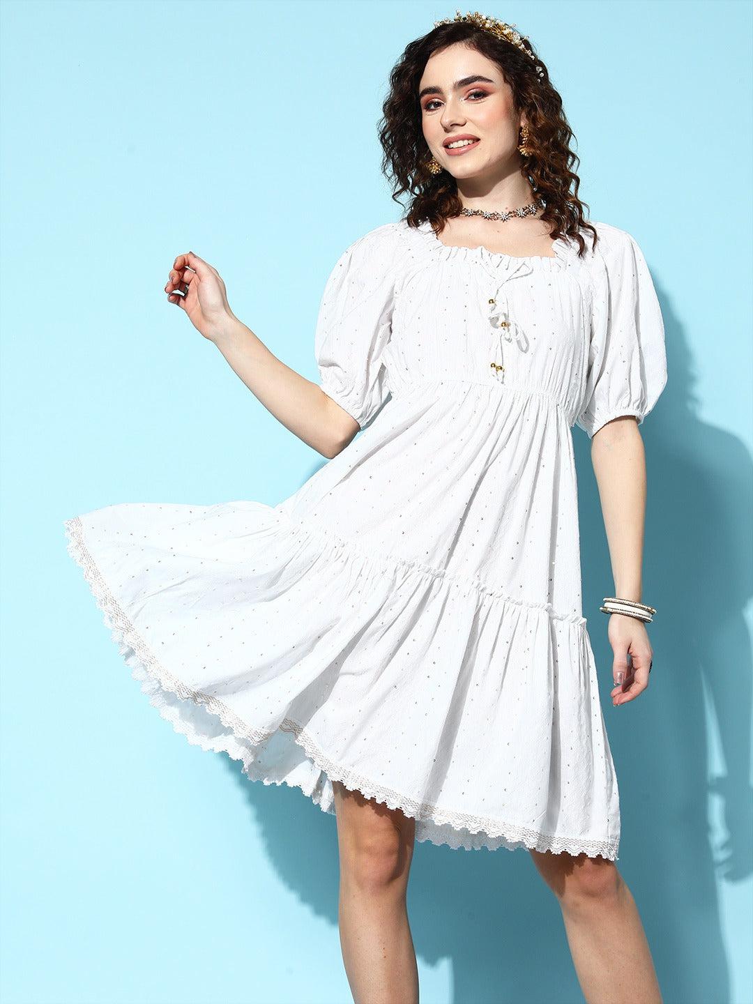 white-a-line-dress-10104148WH, Women Clothing, Dobby Dresses