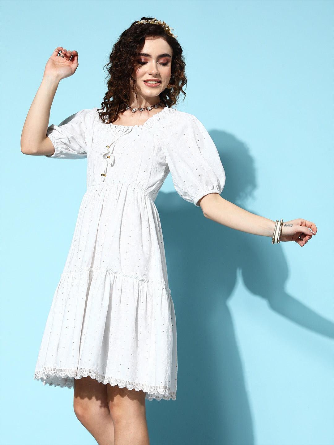 white-a-line-dress-10104148WH, Women Clothing, Dobby Dresses