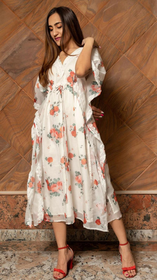 white-and-red-organza-caftan-dress-11421075WH, Women Clothing, Organza Caftan