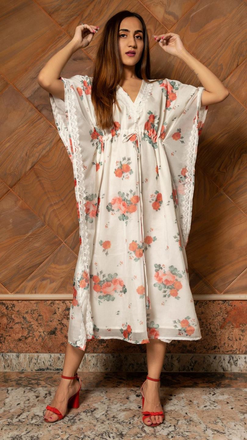 white-and-red-organza-caftan-dress-11421075WH, Women Clothing, Organza Caftan