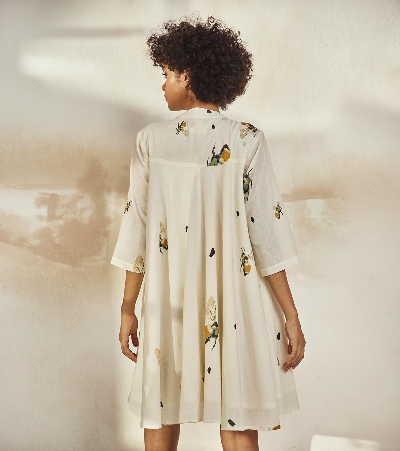 white-bee-printed-cotton-shirt-dress-11904060WH, Women Clothing, Cotton Dress