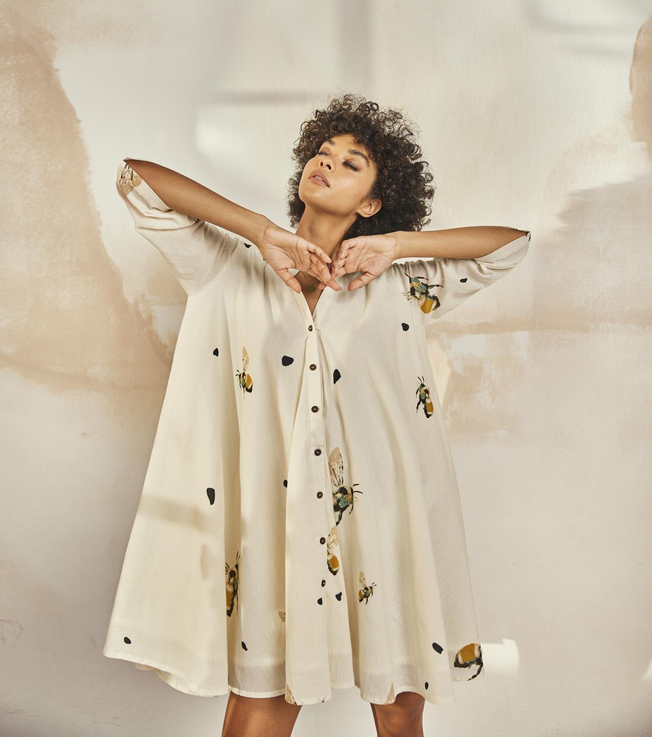 white-bee-printed-cotton-shirt-dress-11904060WH, Women Clothing, Cotton Dress