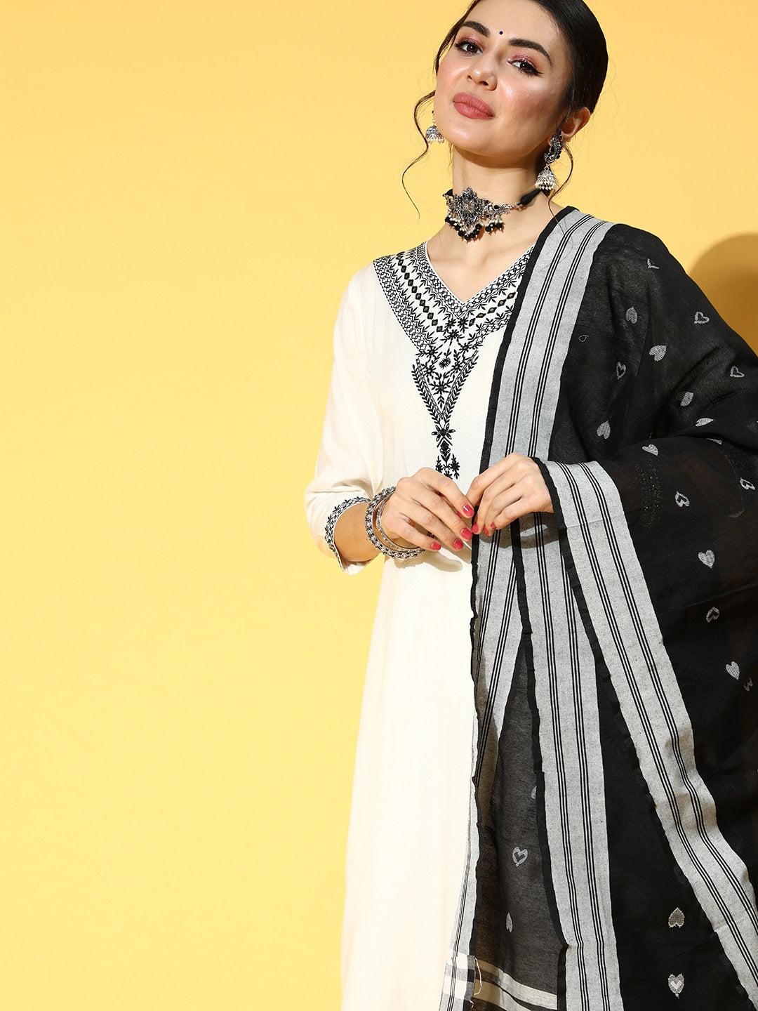 white-black-ethnic-dupatta-set-10103127WH, Women Indian Ethnic Clothing, Rayon Kurta Set Dupatta