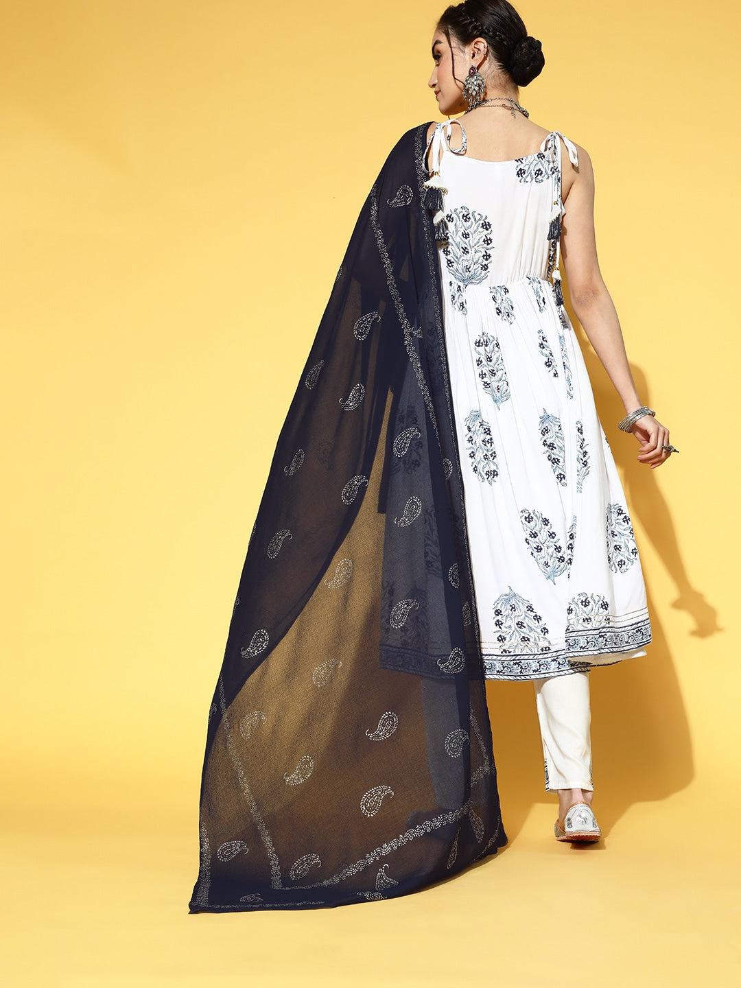 white-blue-floral-printed-dupatta-set-10103121WH, Women Indian Ethnic Clothing, Rayon Kurta Set Dupatta