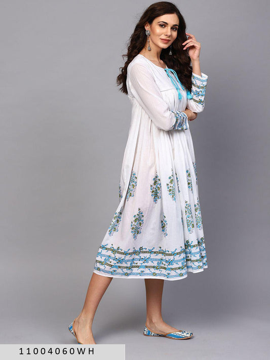 white-blue-floral-printed-flared-dress-11004060WH, Women Clothing, Cotton Dress
