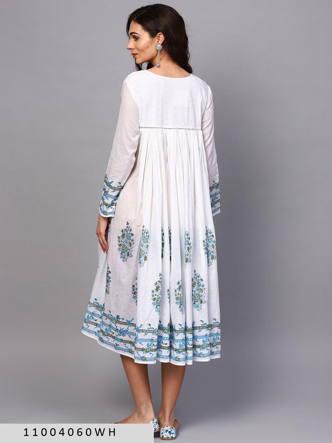 white-blue-floral-printed-flared-dress-11004060WH, Women Clothing, Cotton Dress