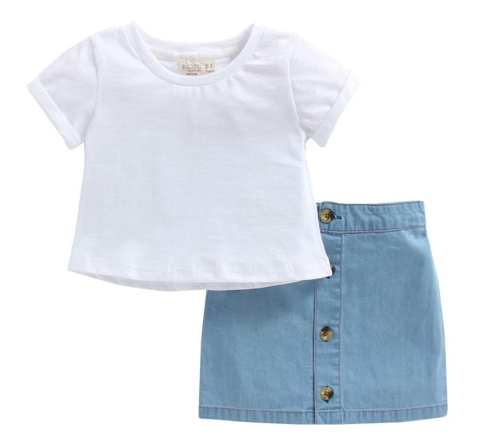 white-cotton-top-with-blue-skirt-10513039BL, Kids Clothing, Denim Girl Skirt Set