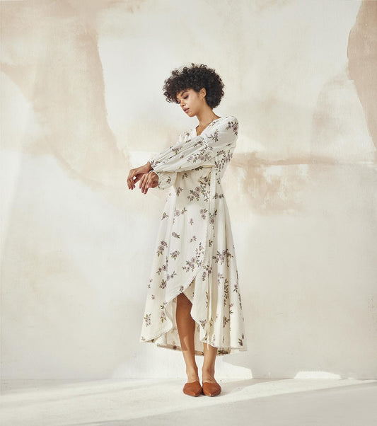white-floral-printed-mulmul-midi-wrap-dress-11904075WH, Women Clothing, Mulmul Dress