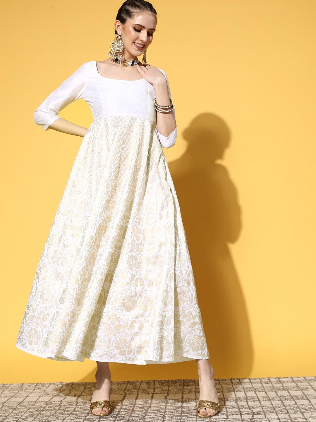white-foil-print-anarkali-maxi-dress-10704048WH, Women Clothing, Silk Dress