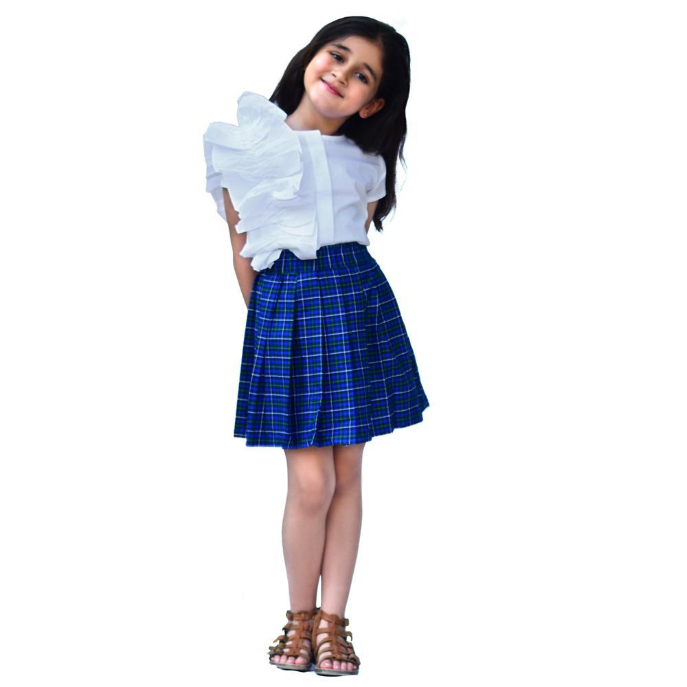 white-frill-and-checks-print-full-sleeve-top-and-skirt-set-10513050BL, Kids Clothing, Cotton Girl Skirt Set