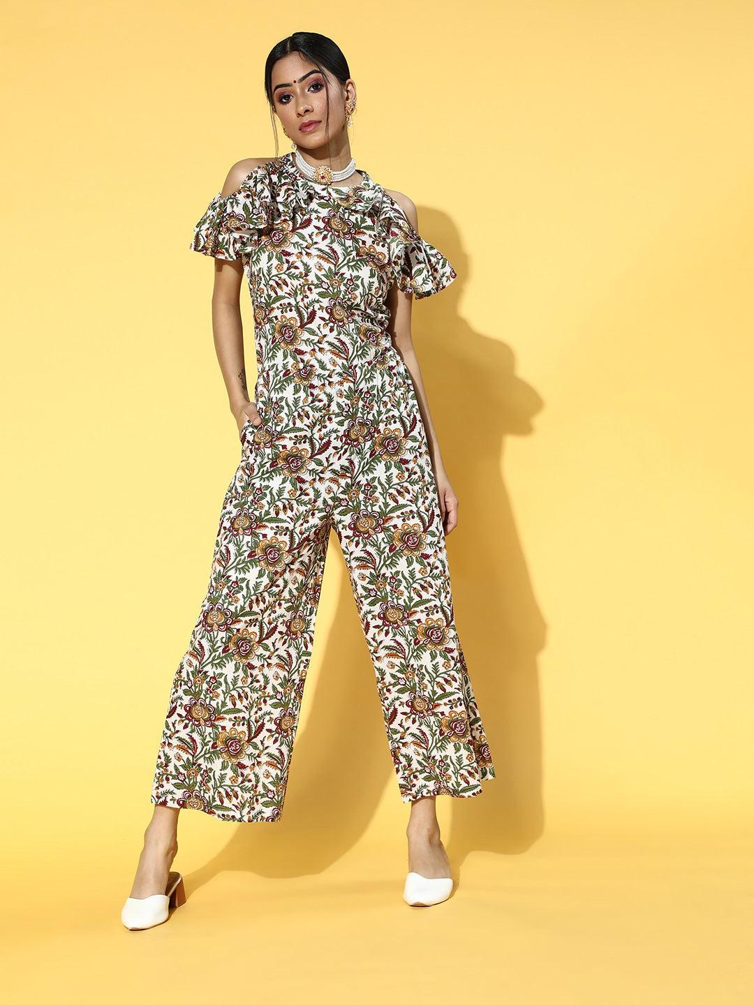 white-green-printed-jumpsuit-10124072WH, Women Clothing, Cotton Jumpsuit