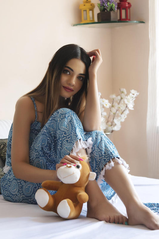 white-mogra-hand-block-night-set-11436070WH, Women Clothing, Cotton Sleep Set